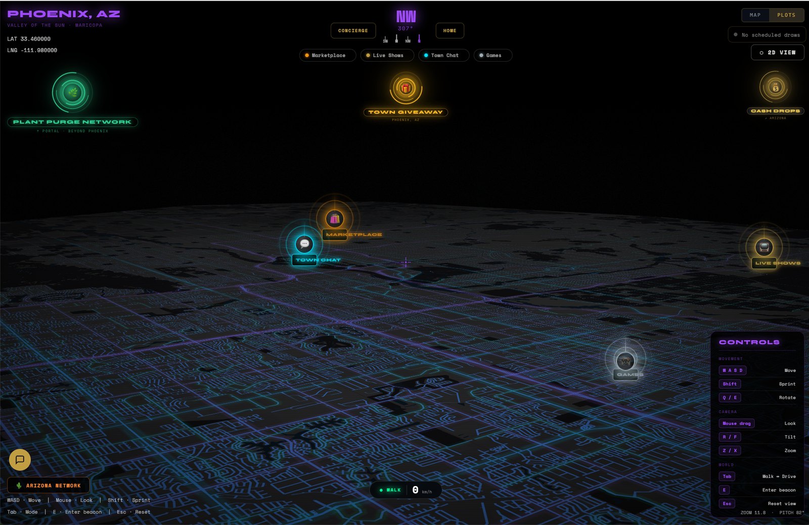 The Digital Towns 3D map of Phoenix, Arizona, showing beacons for the Marketplace, Town Chat, Live Shows, Games, the Town Giveaway and Cash Drops over the Valley of the Sun.